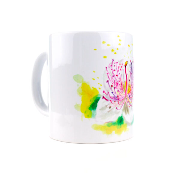 Tazza in ceramica lucida con disegno di un fiore di cappero