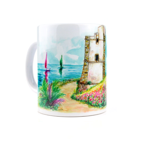 Tazza in ceramica lucida con disegno di una torre saracena