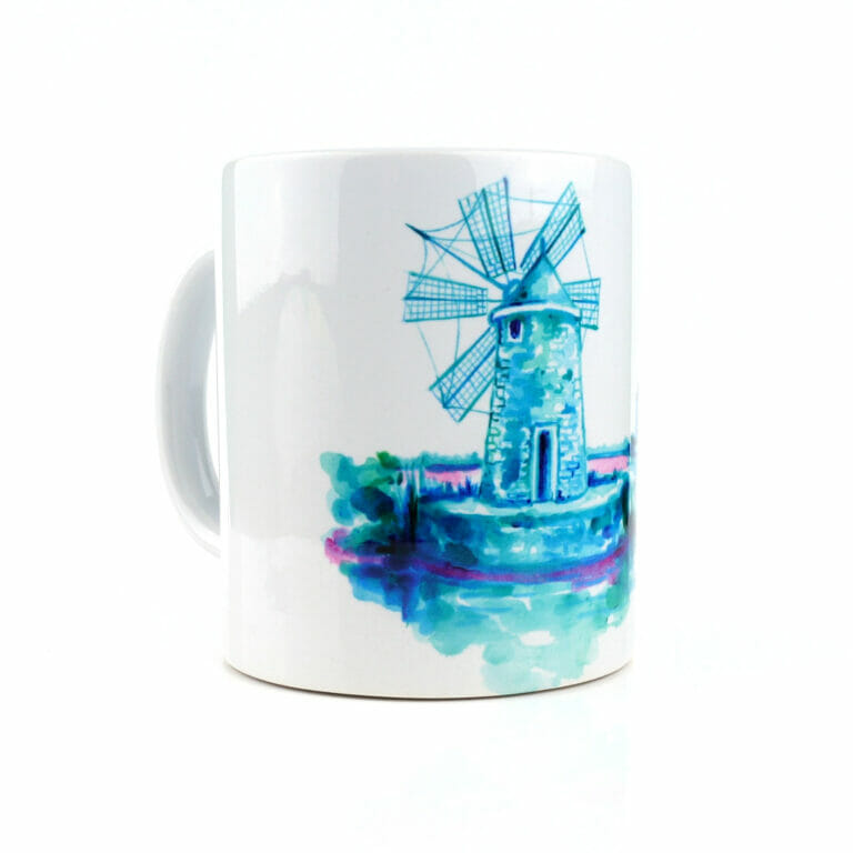 Tazza in ceramica lucida con disegno di un antico mulino