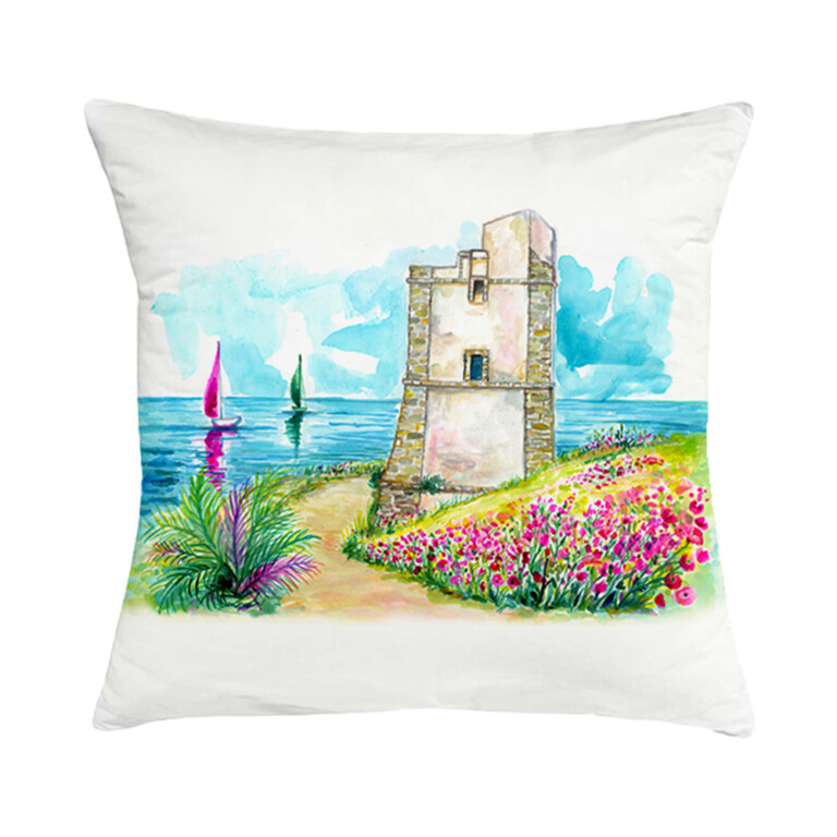 Cuscino in cotone con disegno ad acquerello di una torre saracena