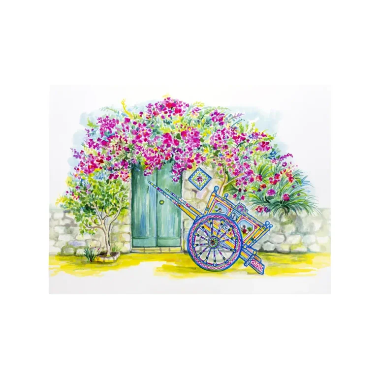 Litografia con disegno ad acquerello di un baglio fiorito