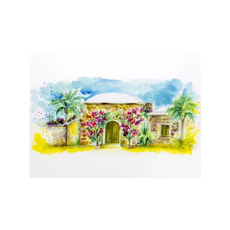 Litografia con disegno ad acquerello di un dammuso di pantelleria