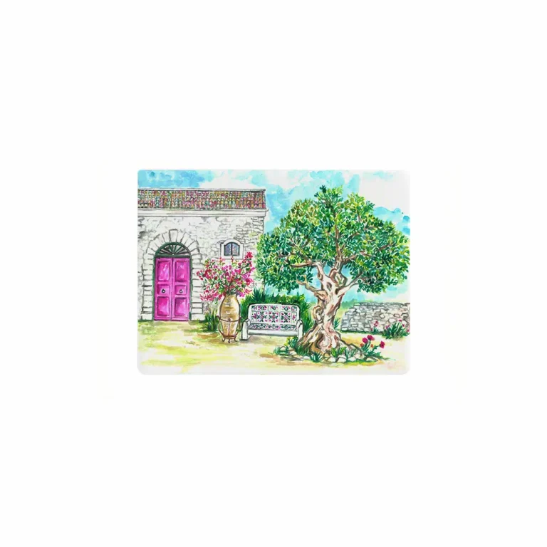 Magnete in stile siciliano con disegno ad acquerello di un ulivo secolare
